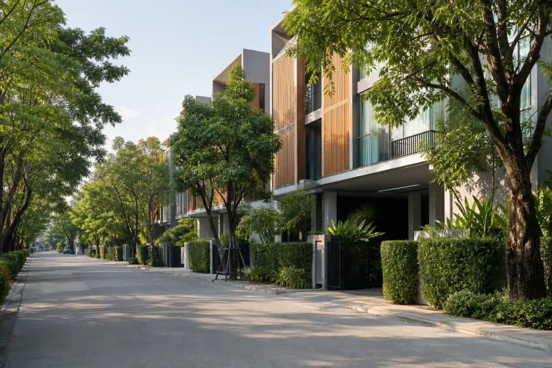 Modern homes on a quiet, green Ekkamai residential lane