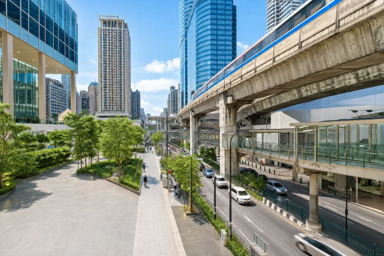 A bright daytime view of the BTS line running between towers near Nana and Asoke