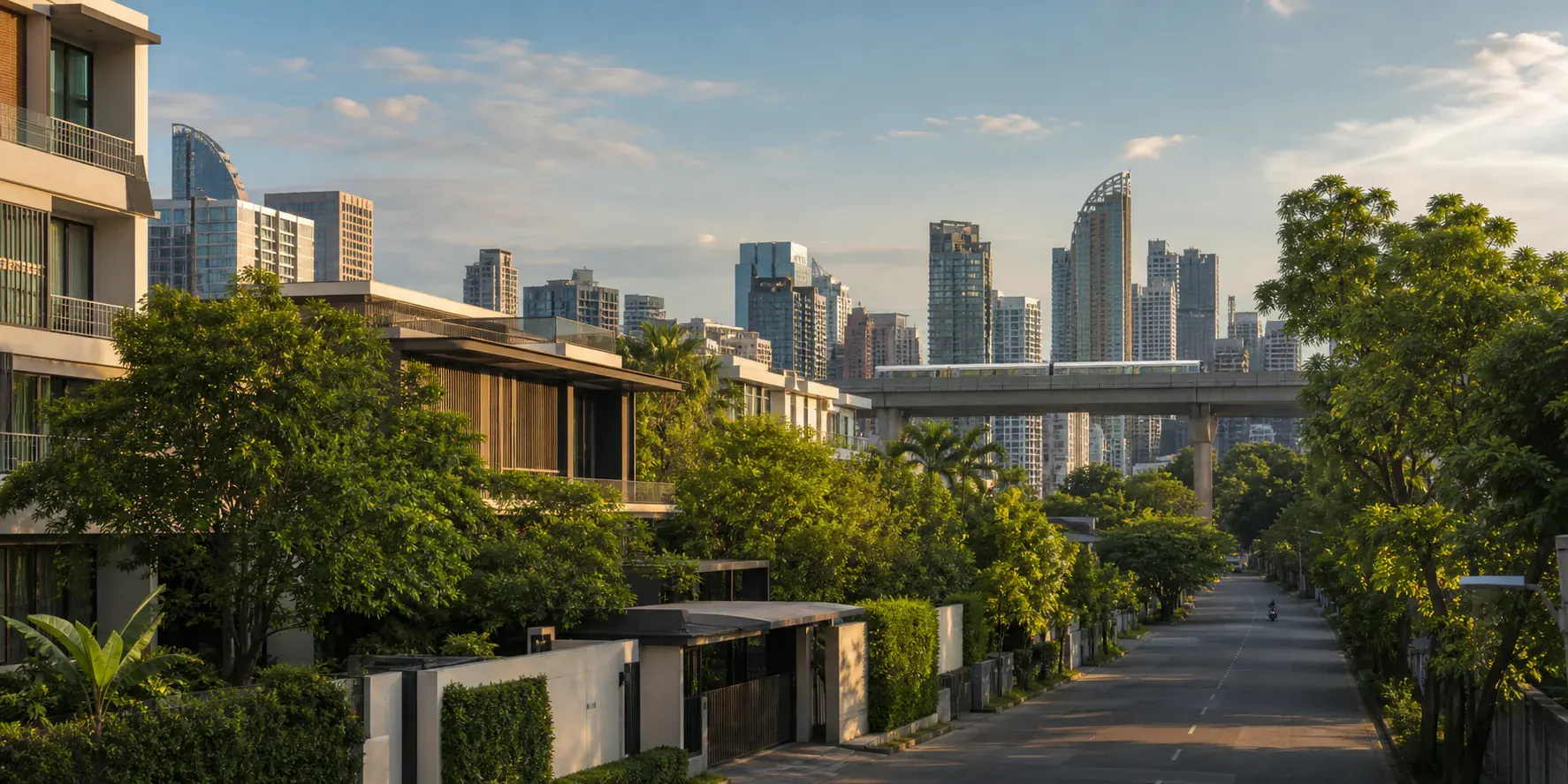 A leafy Bangkok residential street with homes, the BTS, and the city skyline beyond